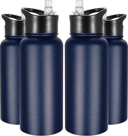 VEGOND 32 oz Insulated Water Bottle Bulk Stainless Steel Metal Water Bottles with Leak Proof Straw Lid & Spout Lid, Wide Mouth Double Walled Vacuum Travel Sports Bottle, 4 Pack