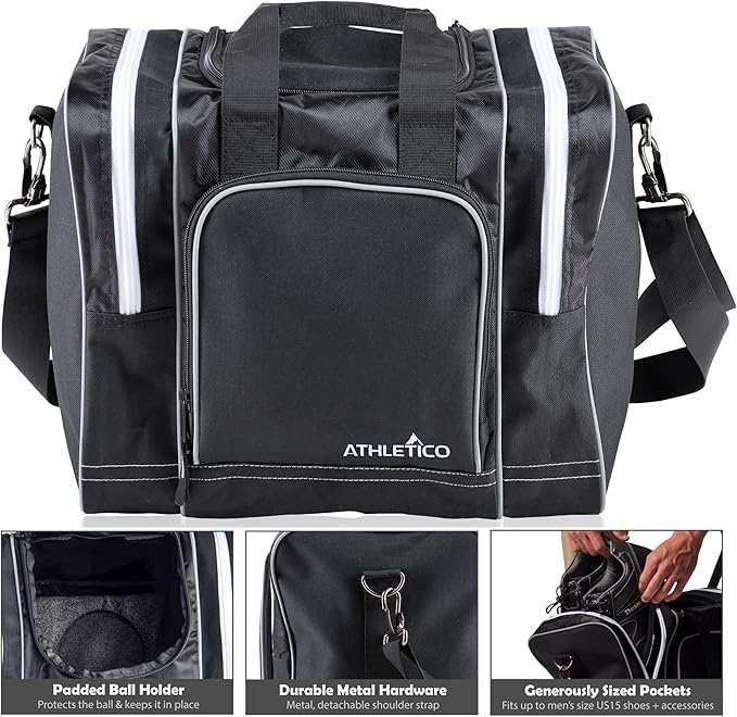 Athletico Bowling Bag for Single Ball - Single Ball Tote Bag With Padded Ball Holder - Fits a Single Pair of Bowling Shoes Up to Mens Size 14