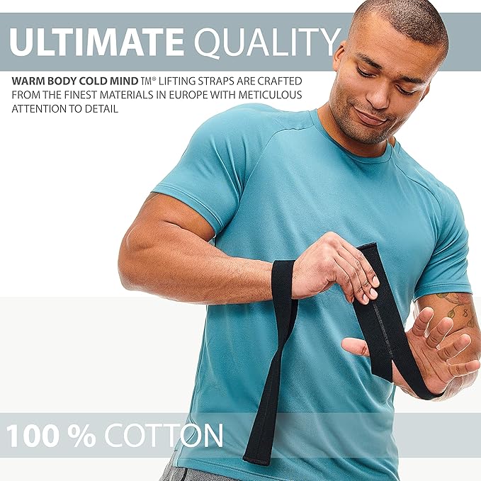 WARM BODY COLD MIND V1 Lifting Wrist Straps for Olympic Weightlifting - Rated at 660 lb - Hand Wraps for Powerlifting, Weight Lifting, Bodybuilding Functional/Cross Training, Deadlift Gym Bar, Cotton