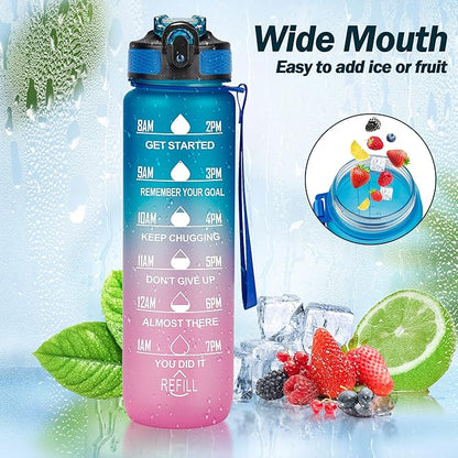 Motivational Water Bottle with Time Marker - 32oz, Leak-proof BPA Free Sports Water Bottles with Straw & Carrying Strap