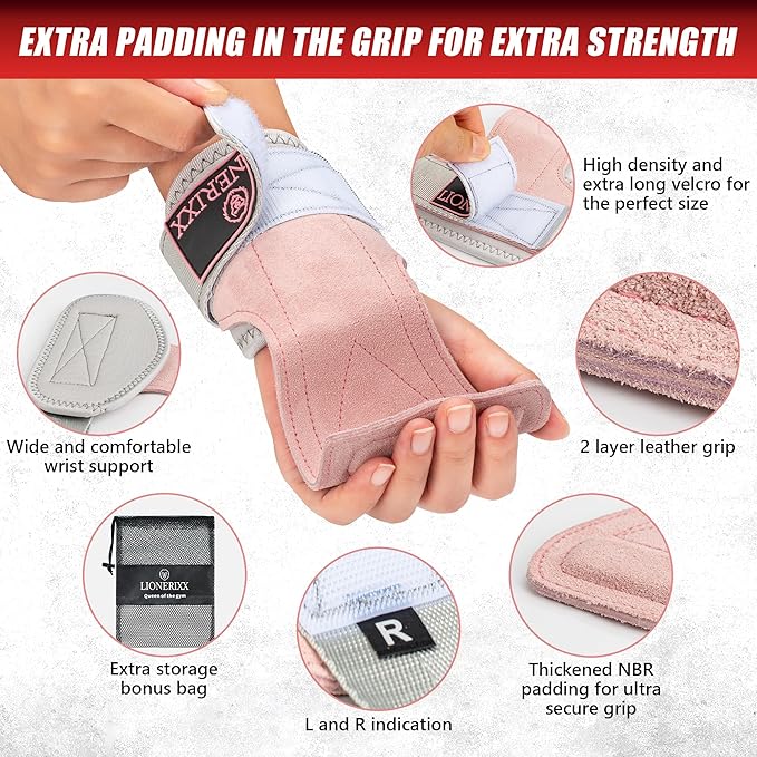 Pink Wrist Straps for Weightlifting Women - Dual Layer Leather Workout Grips for Deadlift and Powerlifting – Non-Slip Hand Wraps for Weight Lifting with Storage Bag
