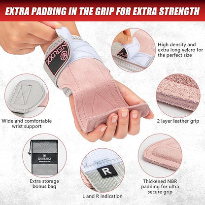 Pink Wrist Straps for Weightlifting Women - Dual Layer Leather Workout Grips for Deadlift and Powerlifting – Non-Slip Hand Wraps for Weight Lifting with Storage Bag