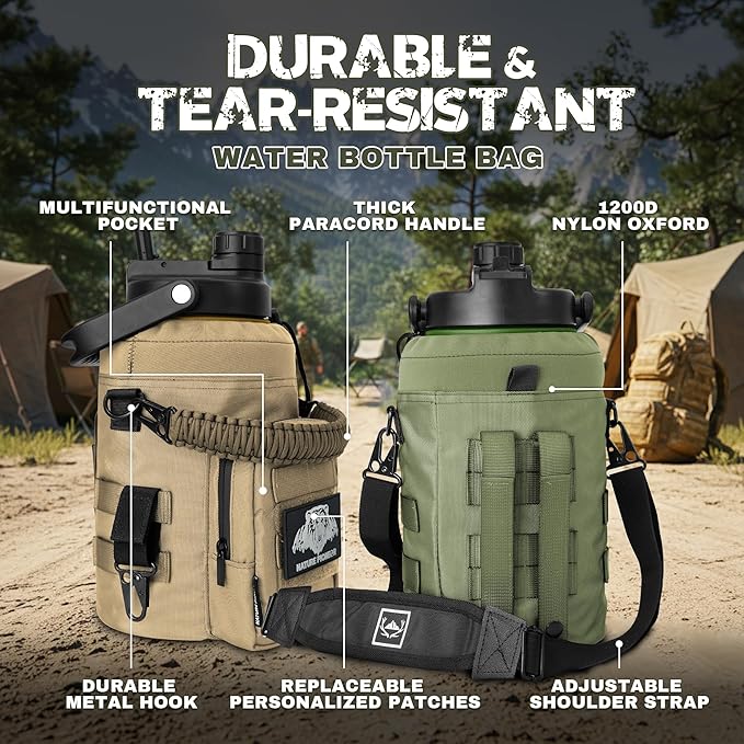 NATURE PIONEOR 1 Gallon Tactical Water Bottle Set, Stainless Steel 128 oz Sport Water Bottle with Tactical MOLLE Bottle Carrier Sleeve, for Outdoor Work, Gym, Hiking, Camping