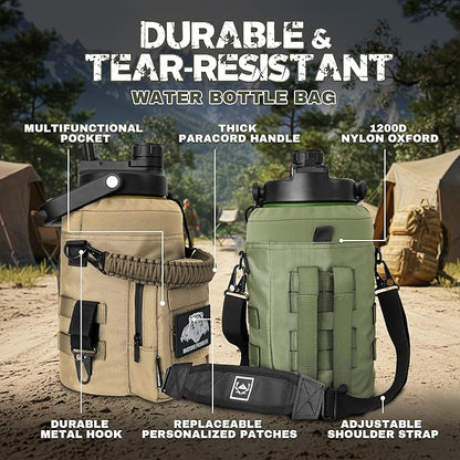 NATURE PIONEOR 1 Gallon Tactical Water Bottle Set, Stainless Steel 128 oz Sport Water Bottle with Tactical MOLLE Bottle Carrier Sleeve, for Outdoor Work, Gym, Hiking, Camping