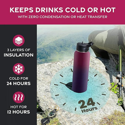 FineDine Water Bottle - Stainless Steel Insulated Water Bottle with Straw Lid, Flip Lid & Wide-Mouth Cap - Keeps Hot and Cold - 40 Oz / 1.18L - Dreamy Purple