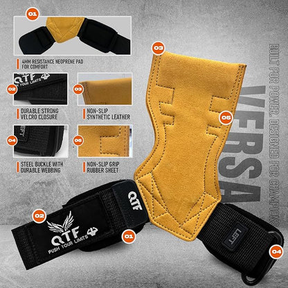 QTF Weight Lifting Grips (Pair) for Heavy Powerlifting, Wrist Straps for Deadlifts, Rows, Pull Ups, with Neoprene Padded Wrist Wraps Support and Strong Rubber Gloves or Straps for Bodybuilding.