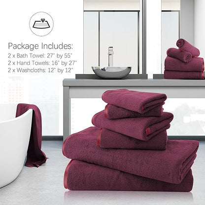 TENSTARS Microfiber Coral Velvet Luxury Silk Hemming Towel Set - Light Thin Quick Drying - 2 Bath Towels, 2 Hand Towels, 2 Washcloths - Burgundy 6 Pieces