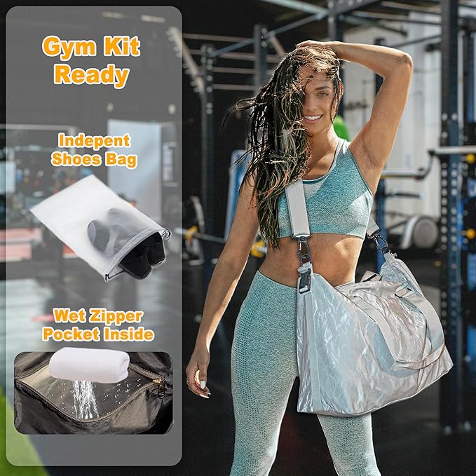 Gym Bag for Men & Women with Shoe Wet Bag - Waterproof Duffle Bag for Travel, Sports, Fitness & Workout (Light Gray)