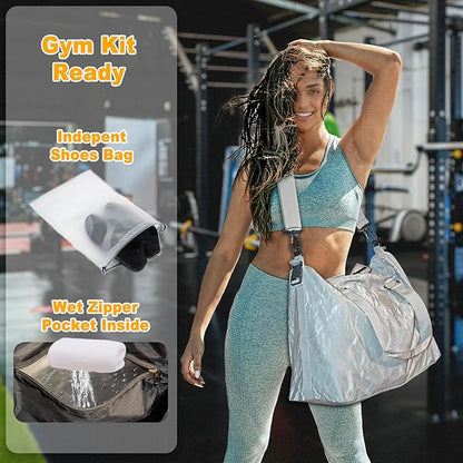 Gym Bag for Men & Women with Shoe Wet Bag - Waterproof Duffle Bag for Travel, Sports, Fitness & Workout (Light Gray)