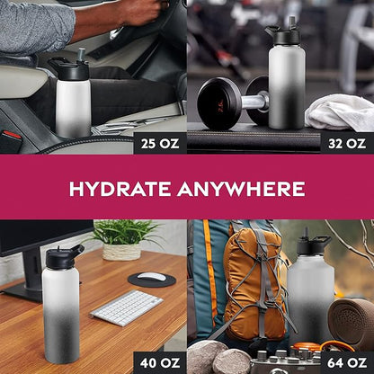 FineDine Water Bottle - Stainless Steel Insulated Water Bottle with Straw Lid, Flip Lid & Wide-Mouth Cap - Keeps Hot and Cold - 25 Oz / 739ml - Dreamy Black-White