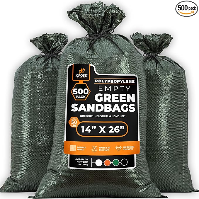 Xpose Safety Heavy Duty Sand Bags with Tie Strings – Empty Woven Polypropylene Sandbags for Hurricane Flood Protection, 50 lb Capacity, 14" x 26", Green, Pack of 500