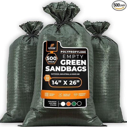 Xpose Safety Heavy Duty Sand Bags with Tie Strings – Empty Woven Polypropylene Sandbags for Hurricane Flood Protection, 50 lb Capacity, 14" x 26", Green, Pack of 500