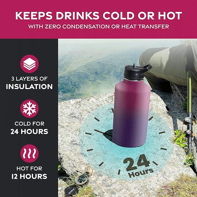 FineDine Triple Walled, Insulated Water Bottles with Straw - 64 Oz Stainless Steel Metal Bottle W/ 3 Leak Proof Lids - For Travel, School, Sports, Gym / Men, Women & Kids - Dreamy Purple