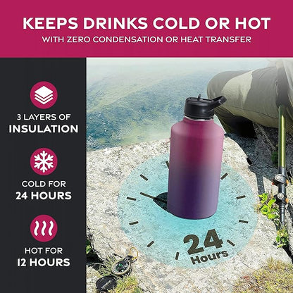 FineDine Triple Walled, Insulated Water Bottles with Straw - 64 Oz Stainless Steel Metal Bottle W/ 3 Leak Proof Lids - For Travel, School, Sports, Gym / Men, Women & Kids - Dreamy Purple