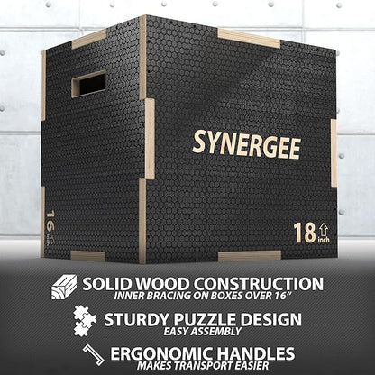 Synergee 3 in 1 Non-Slip Plyometric Box for Jump Training and Conditioning. Wooden Plyo and Soft Plyo Box All In One Jump Trainer. Sizes 20/18/16, 16/14/12