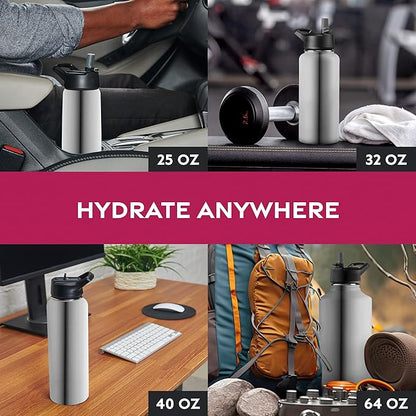 FineDine Water Bottle - Stainless Steel Insulated Water Bottle with Straw Lid, Flip Lid & Wide-Mouth Cap - Keeps Hot and Cold - 40 Oz / 1.18L - Brushed Stainless Steel