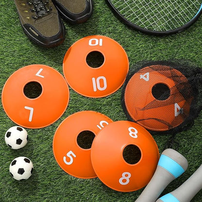 10 Pcs Numbered Sports Disc Cones 1-10 Soccer Cones with Mesh Carry Bag Flexible Agility Cones Soft Field Cones for Gym PE Classes School Activities Games, Sports Training Equipment