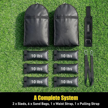 Elite Twin Sand Bag Sled Workout Sled – Waterproof Weight Sled Trainer with 6-Level 10–60 lb Resistance Pull System, Adjustable Waist Strap for Speed, Strength, Endurance & Agility Training