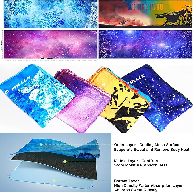 Zollen 4/6 Pack Cooling Towel(40"x12"), Ice Towel, Workout Towel, Soft Breathable Chilly Towel, Microfiber Towel for Yoga, Sport, Running, Gym, Camping, Fitness,Hike & More Activities