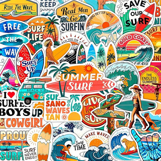 100Pcs Surf & Wave Stickers for Laptop, for Water Bottles, Surfing Stickers - Surfing Gifts for Surfers - Surf Party Supplies & Decoretions - Gift for Women & Men