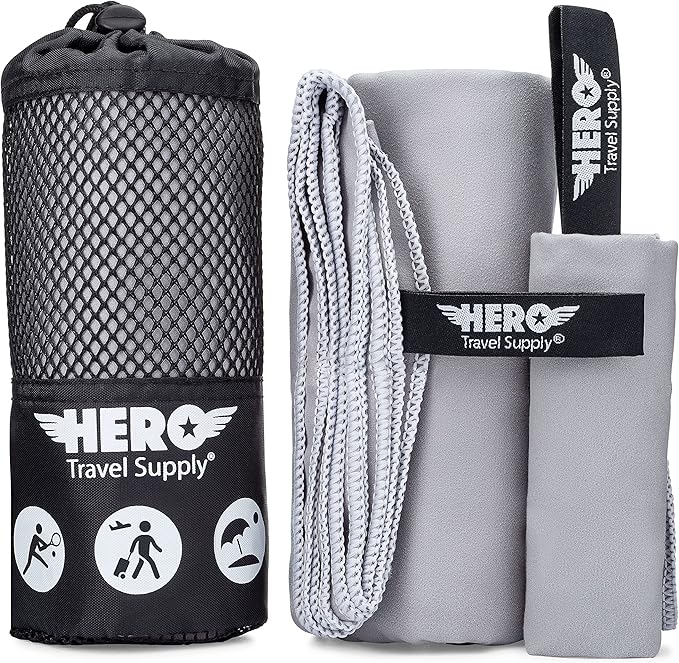 Hero Microfiber Towel, Camping, Beach, Gym, Includes Bonus Washcloth (Grey, 24" x 48")