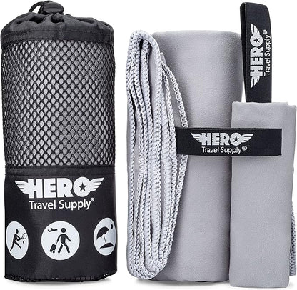 Hero Microfiber Towel, Camping, Beach, Gym, Includes Bonus Washcloth (Grey, 24" x 48")