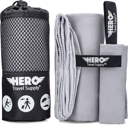 Hero Microfiber Towel, Camping, Beach, Gym, Includes Bonus Washcloth (Grey, 24" x 48")