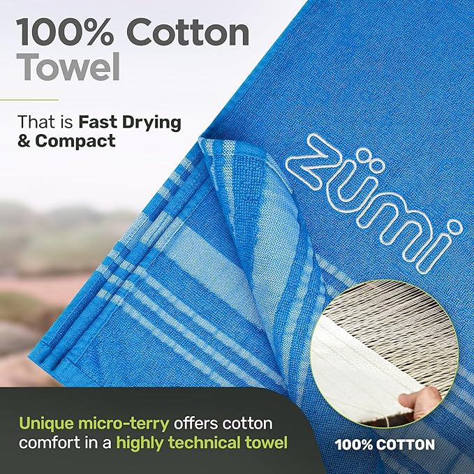 Zumi 100% Cotton Quick Dry Travel Towel - Soft, Thin, Compact, Highly Absorbent, Lightweight Camping Towel for Beach, Gym, Bath, Shower, Swimming, Pool, Dorm, RV - Blue