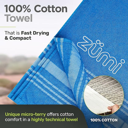 Zumi 100% Cotton Quick Dry Travel Towel - Soft, Thin, Compact, Highly Absorbent, Lightweight Camping Towel for Beach, Gym, Bath, Shower, Swimming, Pool, Dorm, RV - Blue