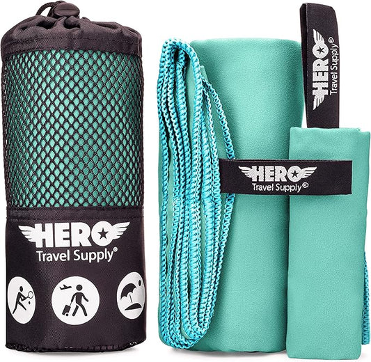 Hero Microfiber Towel, Camping, Beach, Gym, Includes Bonus Washcloth (Aquamarine, 24" x 48")
