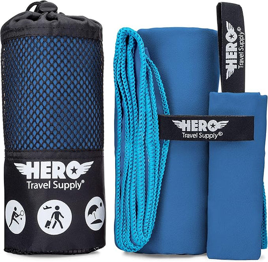 Hero Microfiber Towel, Camping, Beach, Gym, Includes Bonus Washcloth (Blue, 24" x 48")