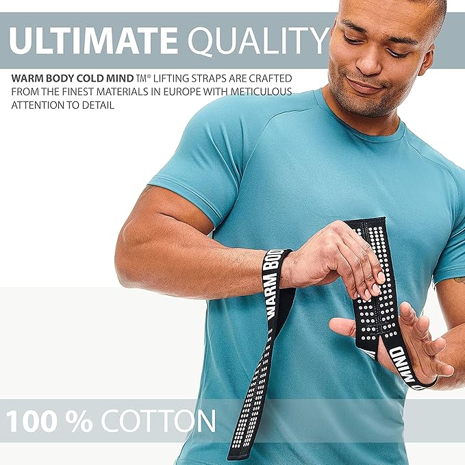 WARM BODY COLD MIND V1 Lifting Wrist Straps for Olympic Weightlifting - Rated at 660 lb - Hand Wraps for Powerlifting, Weight Lifting, Bodybuilding Functional/Cross Training, Deadlift Gym Bar, Cotton