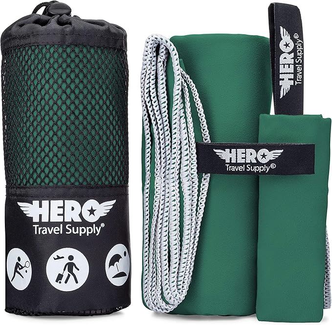 Hero Microfiber Towel, Camping, Beach, Gym, Includes Bonus Washcloth (Green, 24" x 48")