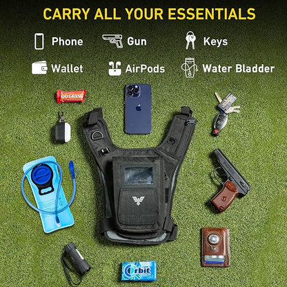 Elite Hydra Running Chest Pack w/ Gun Holster, Phone Holder Touch Friendly, Camera Pocket for Men/Women Lightweight Hydration Vest Chest Rig w/ Water Bladder for Marathon, Cycling, ADV Camping, Skiing