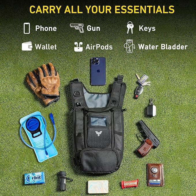 Elite Hydra Running Chest Pack w/ Gun Holster, Phone Holder Touch Friendly, Camera Pocket for Men/Women Lightweight Hydration Vest Chest Rig w/ Water Bladder for Marathon, Cycling, ADV Camping, Skiing