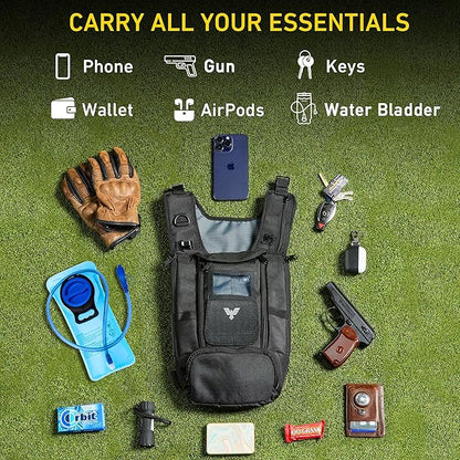 Elite Hydra Running Chest Pack w/ Gun Holster, Phone Holder Touch Friendly, Camera Pocket for Men/Women Lightweight Hydration Vest Chest Rig w/ Water Bladder for Marathon, Cycling, ADV Camping, Skiing