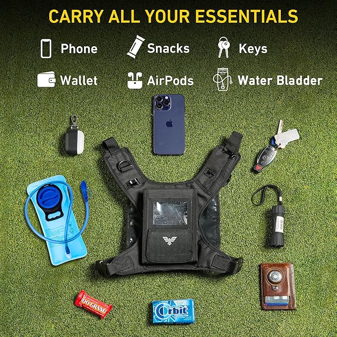 Elite Hydra Running Chest Pack w/ Gun Holster, Phone Holder Touch Friendly, Camera Pocket for Men/Women Lightweight Hydration Vest Chest Rig w/ Water Bladder for Marathon, Cycling, ADV Camping, Skiing